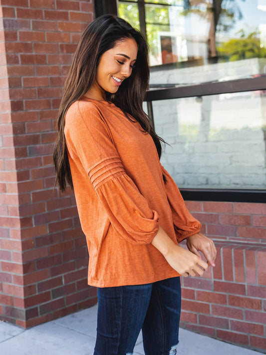 3/4 Pleated Sleeve Casey Top: Orange / X-Large