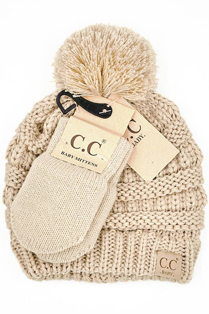 C.C Baby Solid Ribbed Pom Beanie and Mitten Glove: Light Melange Gray