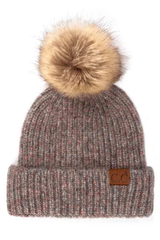 C.C Classic Rib Beanie with Faux Fur Pom Winter Hat: Iris