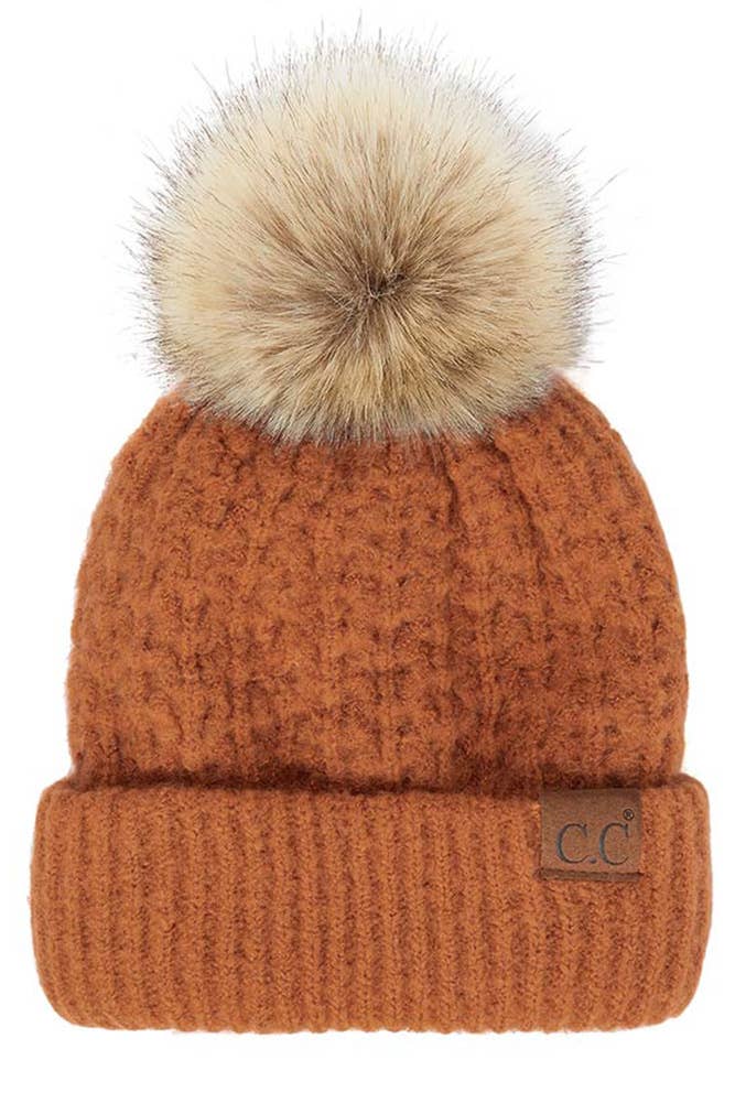 C.C Smocking Stitch Pattern Cuff Beanie with Pom Winter Hat: Beige