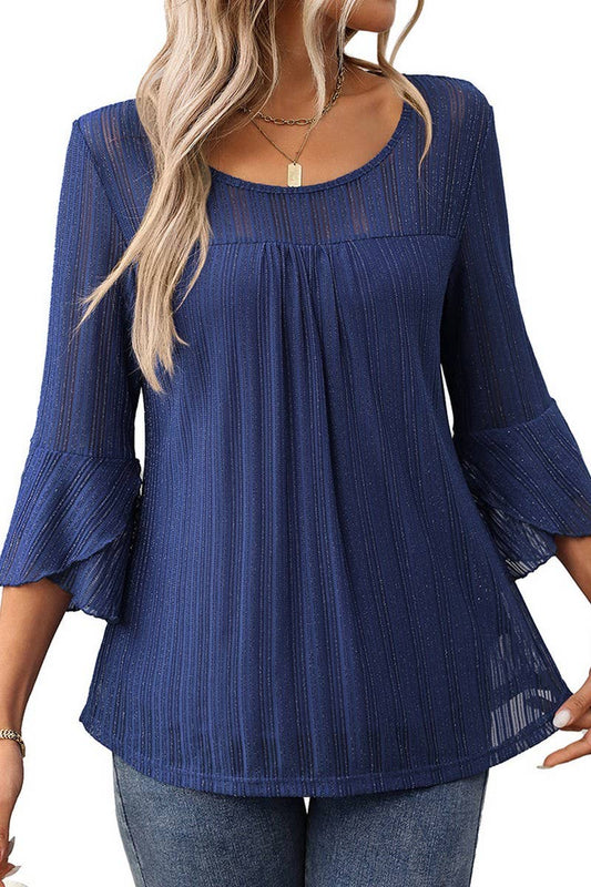 CWTBLL3696_ROUND NECK RUFFLE SLEEVE GLITTER MESH TOP: NAVY / (L) 1