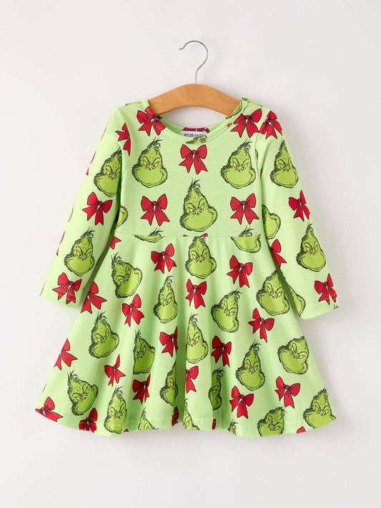 Winter Christmas Tree Bow Character Print  Green Girls Dress: 3
