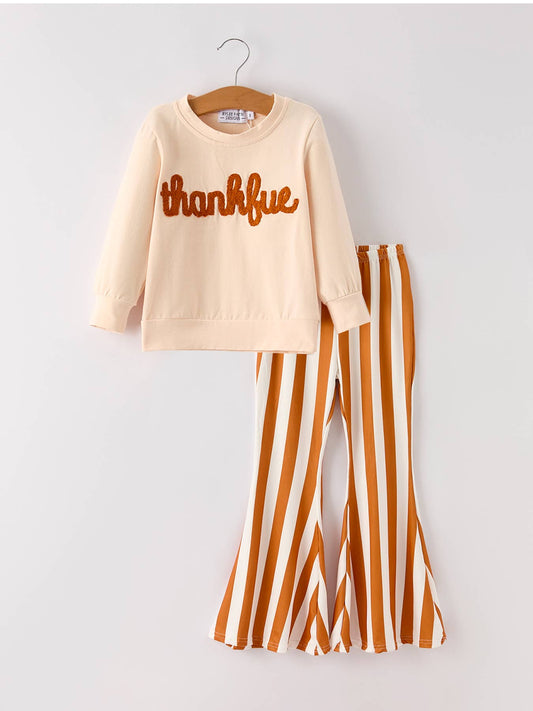 Fall Thanksgiving "thanksful" Chenille Patches Stripe Girls Long Sleeve Set: 2