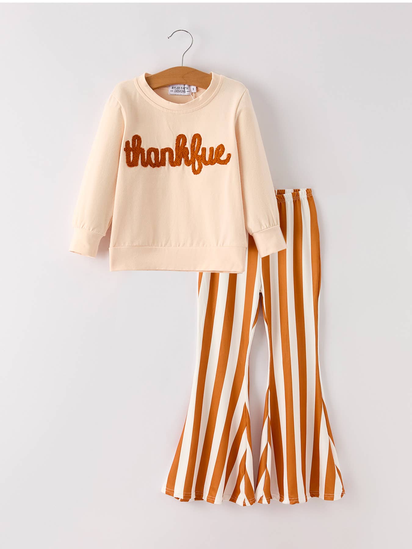 Fall Thanksgiving "thanksful" Chenille Patches Stripe Girls Long Sleeve Set: 3