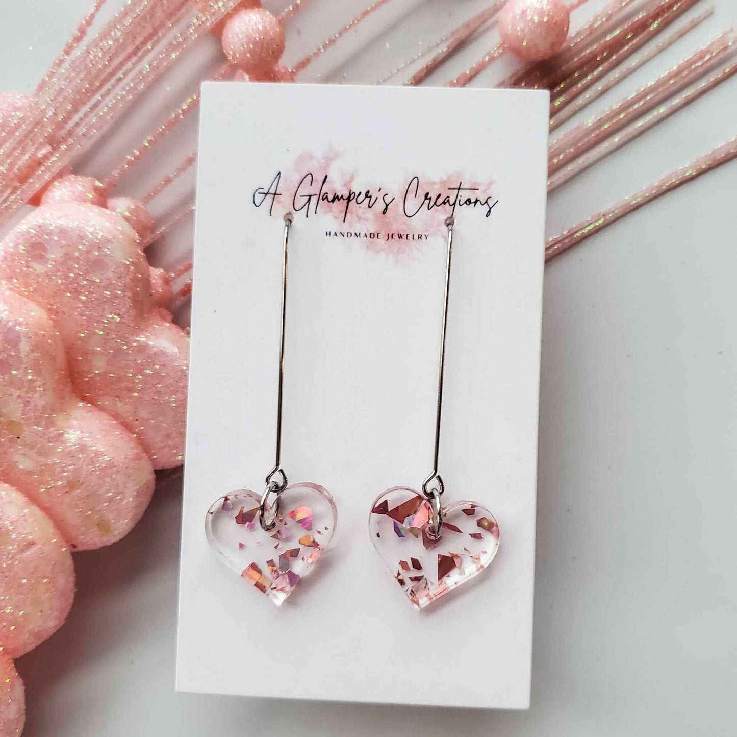Rosegold Flakes Heart Dangle Acrylic Valentine Earrings