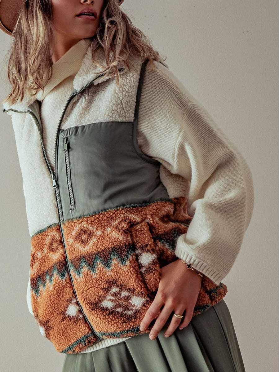 Aztec pattern Western Sherpa Fleece Zip up Vest: Olive / M