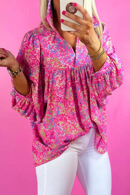 Abstract Print Collared V Neck Babydoll Blouse: Bonbon / 100%Polyester / M