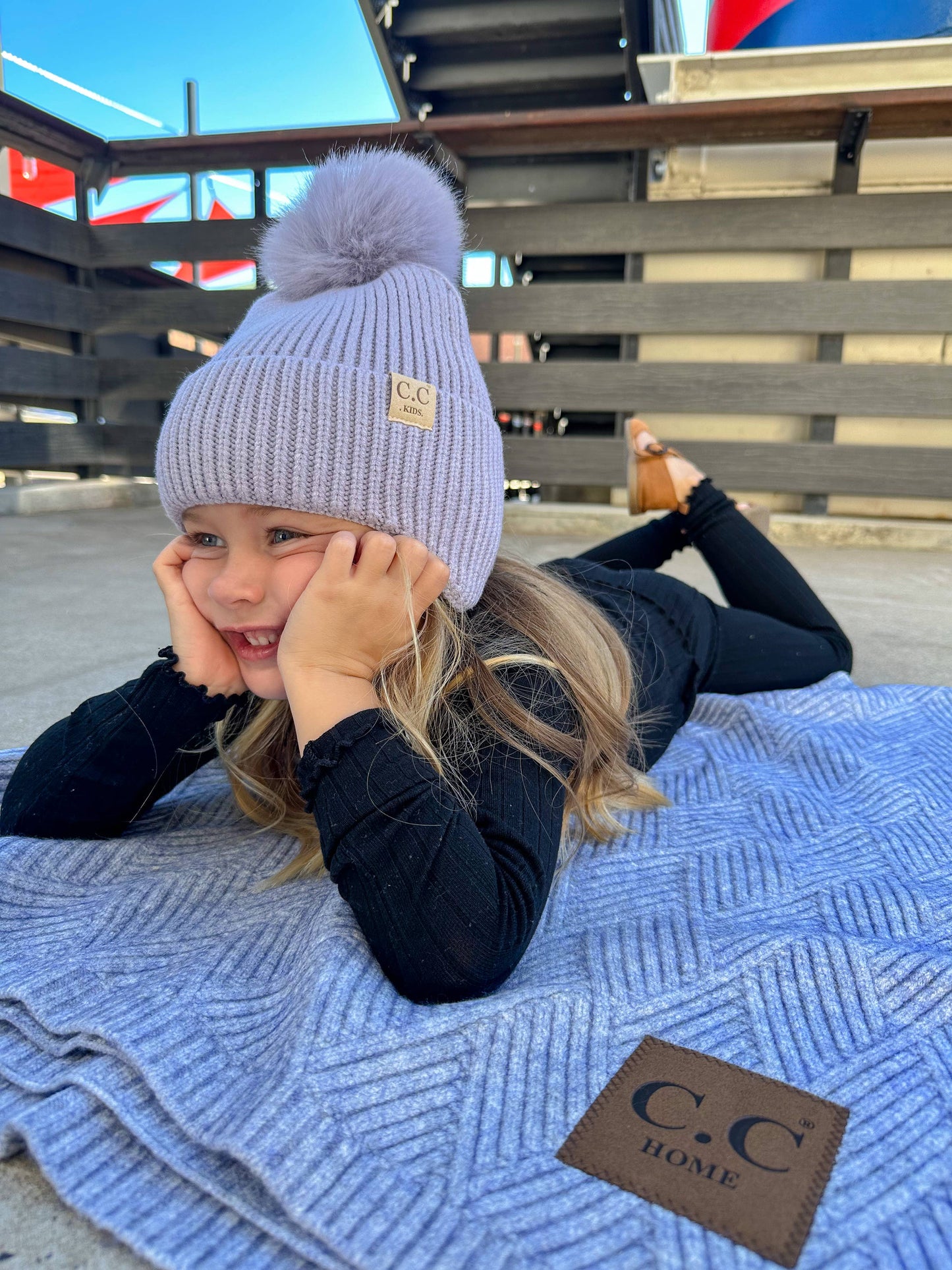 KIDS C.C Double Pom Beanie with Ear Flaps: NEW-Sage