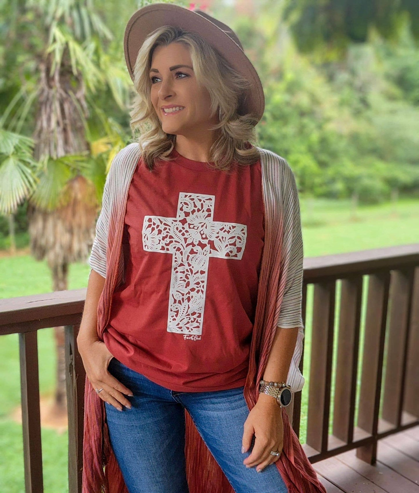 Fall Bella Canvas Rust Lace Cross Christian Graphic Tee : XL