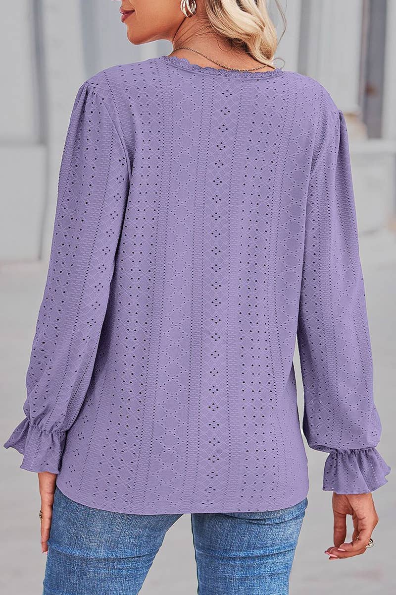 WOMEN LACE TRIM NECK EYELET LONG SLEEVE SHIRT TOP_CWTSTL0301: MAUVE / (XL) 1