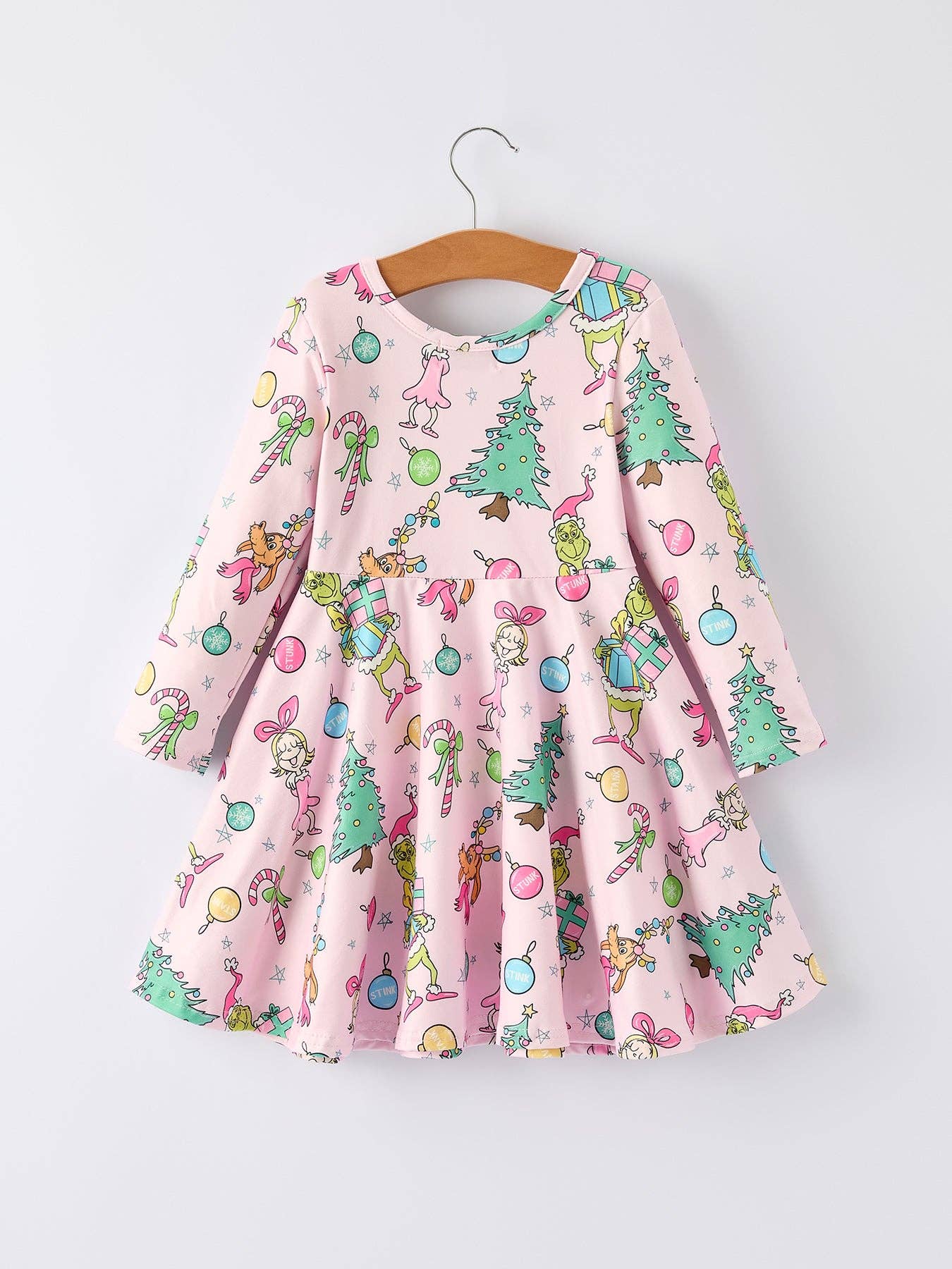Pink Christmas Character Print Long Sleeve Girls Dress: 5