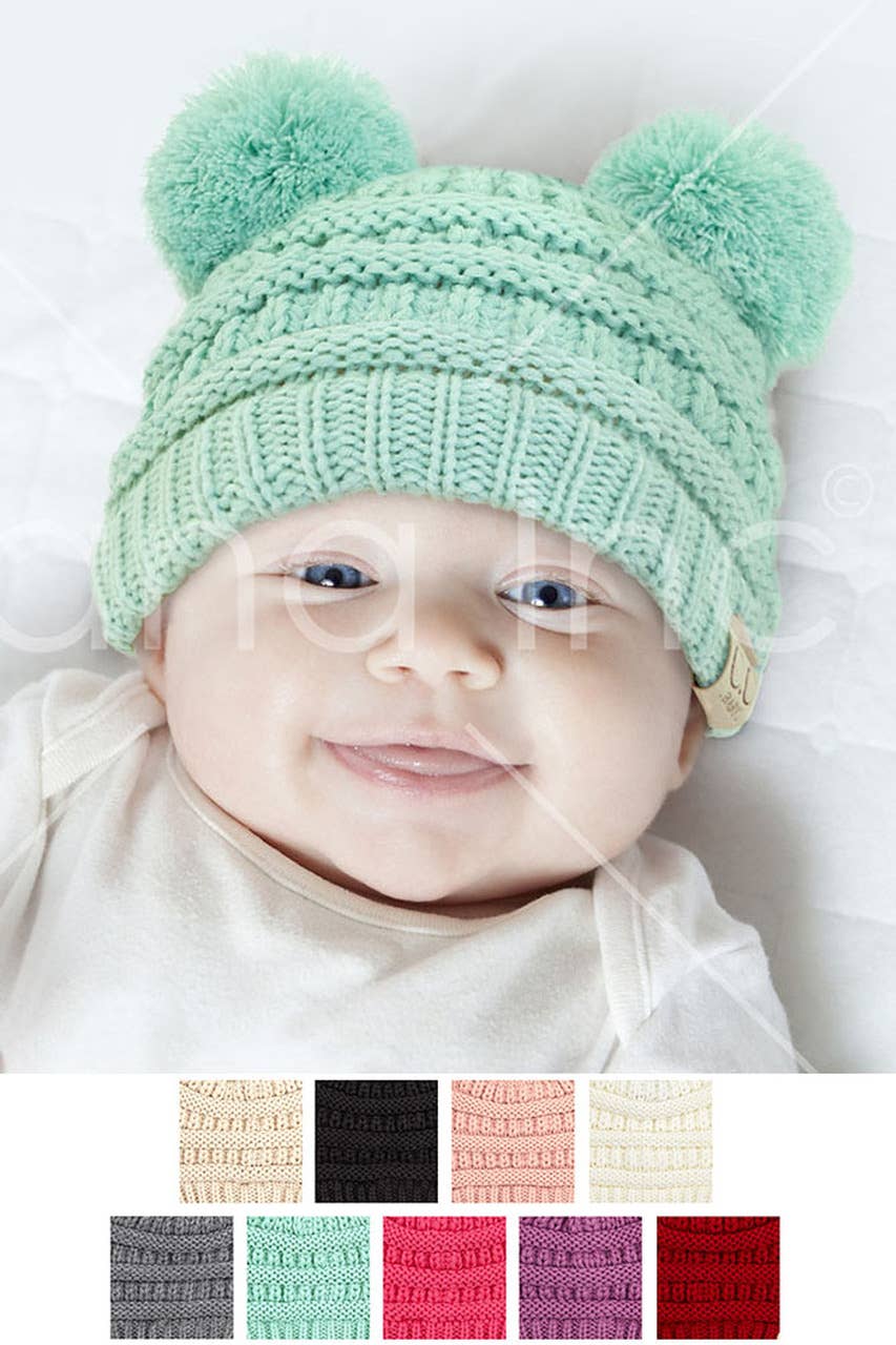 C.C Baby Knit Double Pom Pom Beanie: Beige