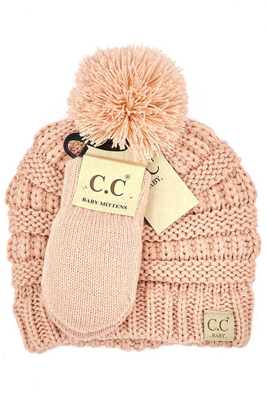 C.C Baby Solid Ribbed Pom Beanie and Mitten Glove: Indi Pink