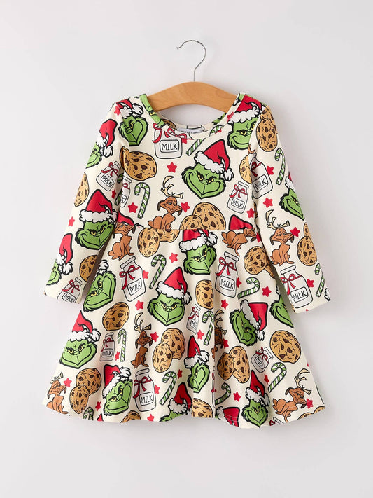 Winter Christmas Character Cookie Print Girls Dress: 7