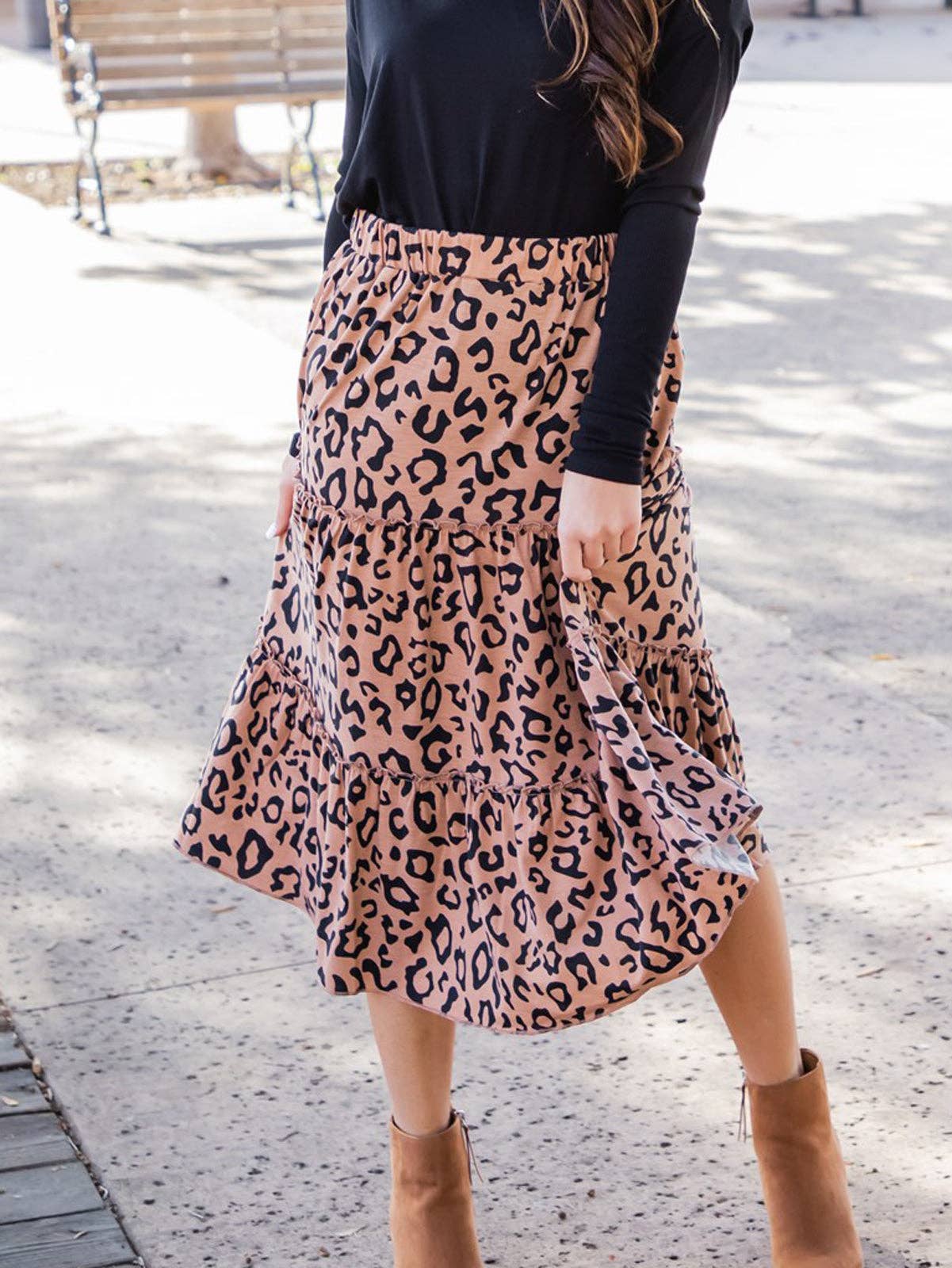 Amara Animal Print Tiered Midi Skirt: Cheetah Dark Brown / Medium
