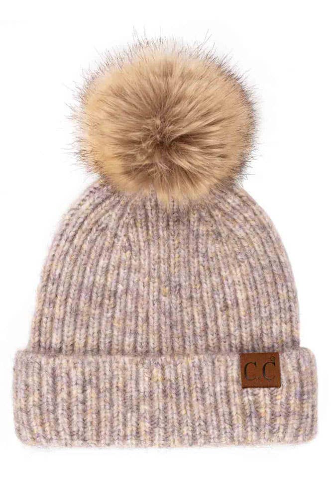 C.C Classic Rib Beanie with Faux Fur Pom Winter Hat: Aqua