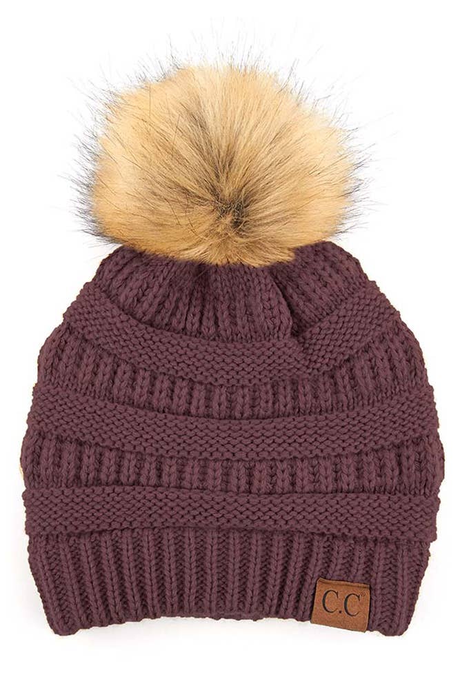 C.C Solid Ribbed Knit Beanie With Pom: Dark Purple