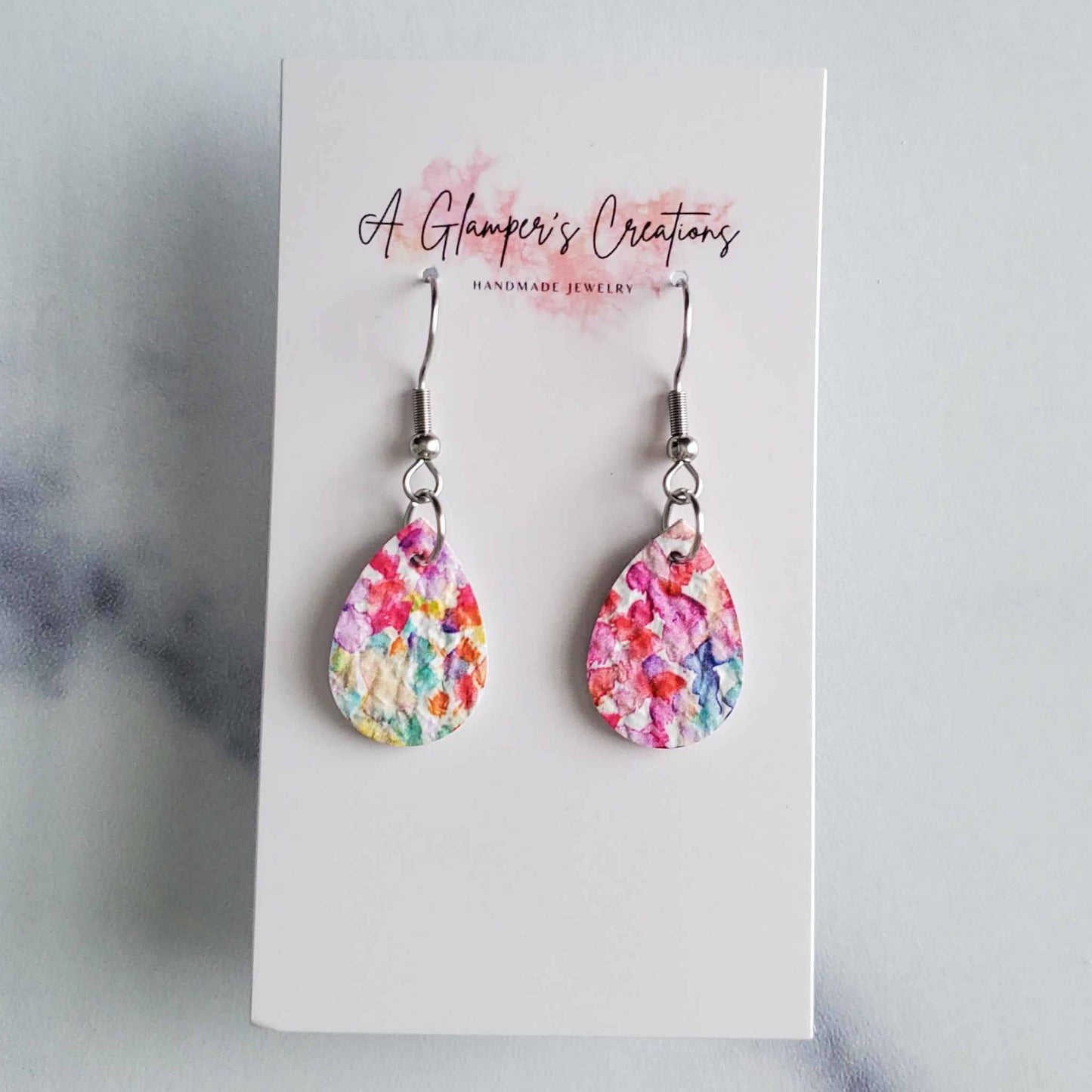 Watercolor Floral MINI Teardrop Leather Earrings