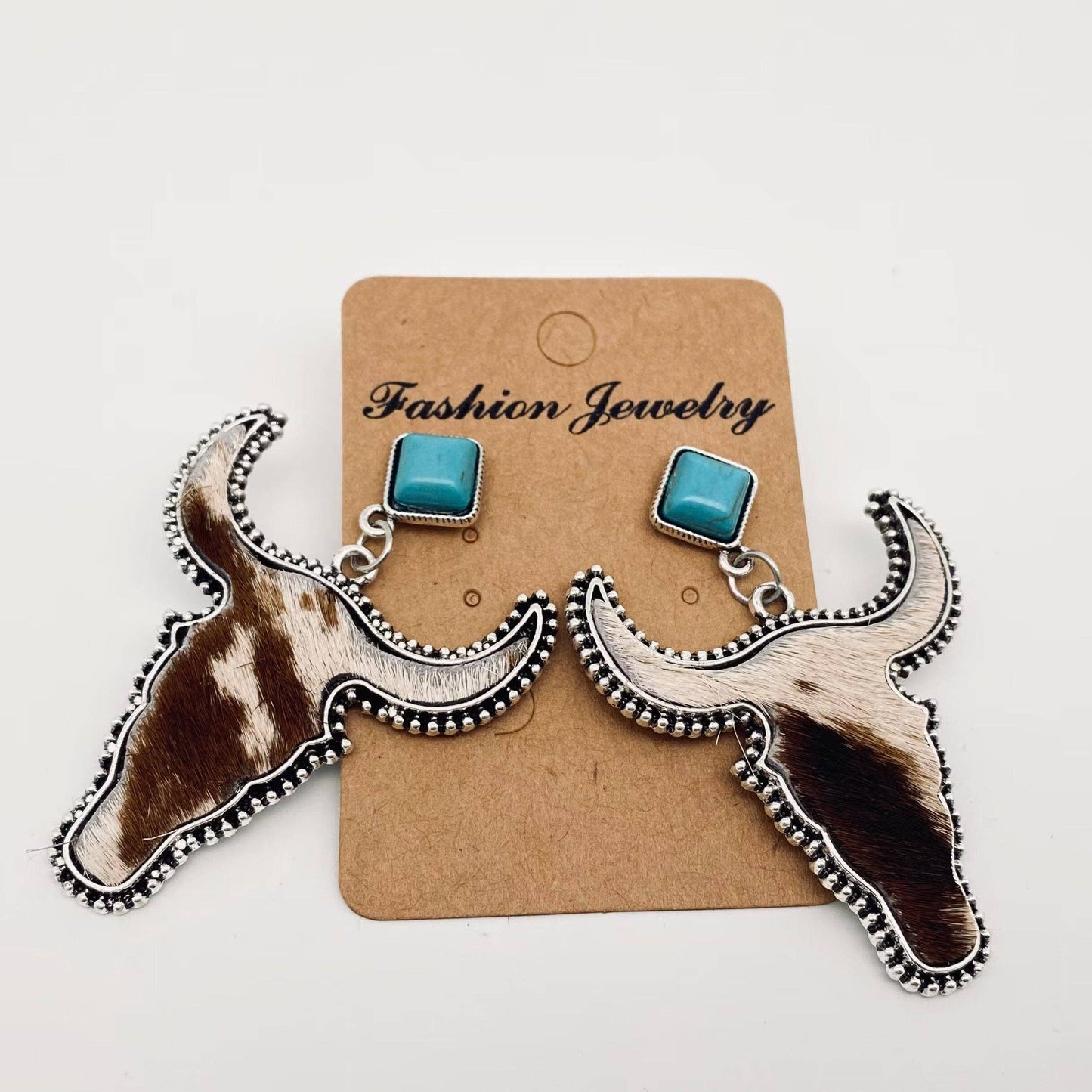 Western Style Cowhide Cowhead Shape Stud Earrings - WJ: 1
