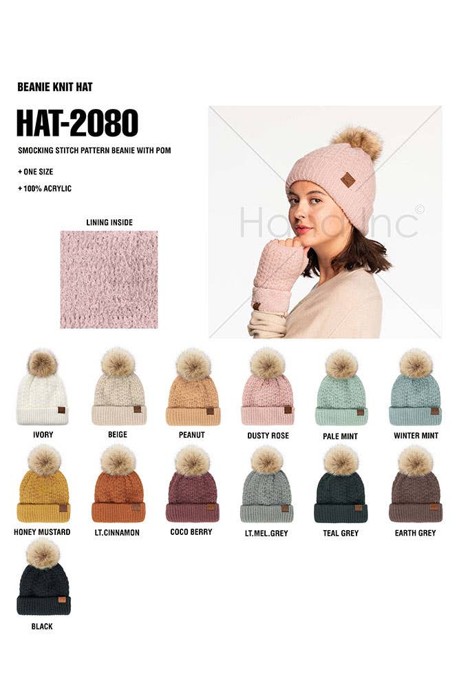 C.C Smocking Stitch Pattern Cuff Beanie with Pom Winter Hat: Beige