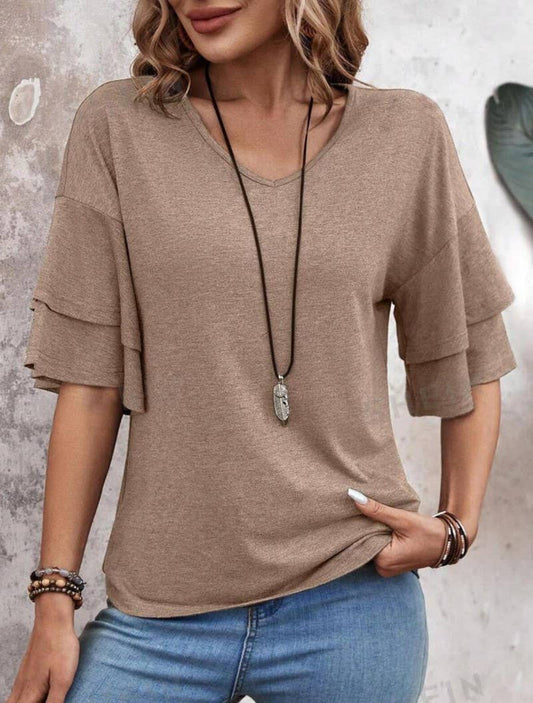 Summer V-Neck Ruffle Sleeve Loose Short-Sleeved T-Shirt: Camel / XL