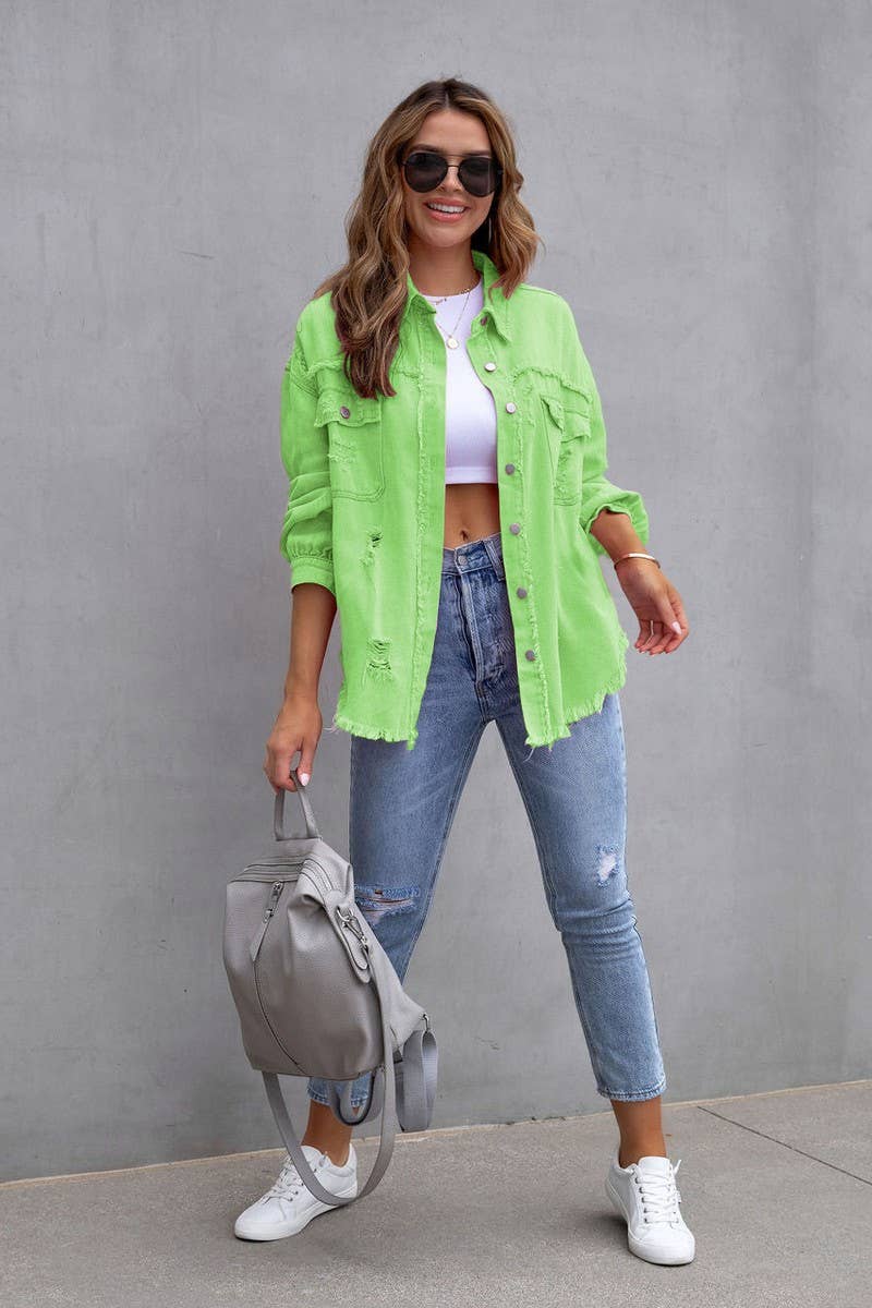 Old solid color denim coat with lapel and ripped raw edge: ARMYGREEN / (M) 1