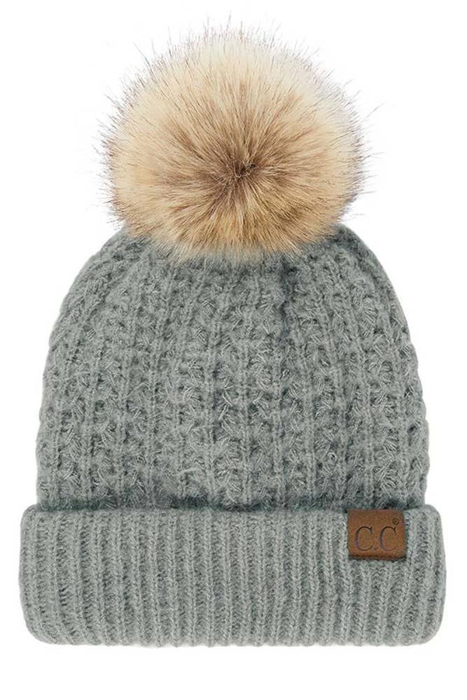 C.C Smocking Stitch Pattern Cuff Beanie with Pom Winter Hat: Beige