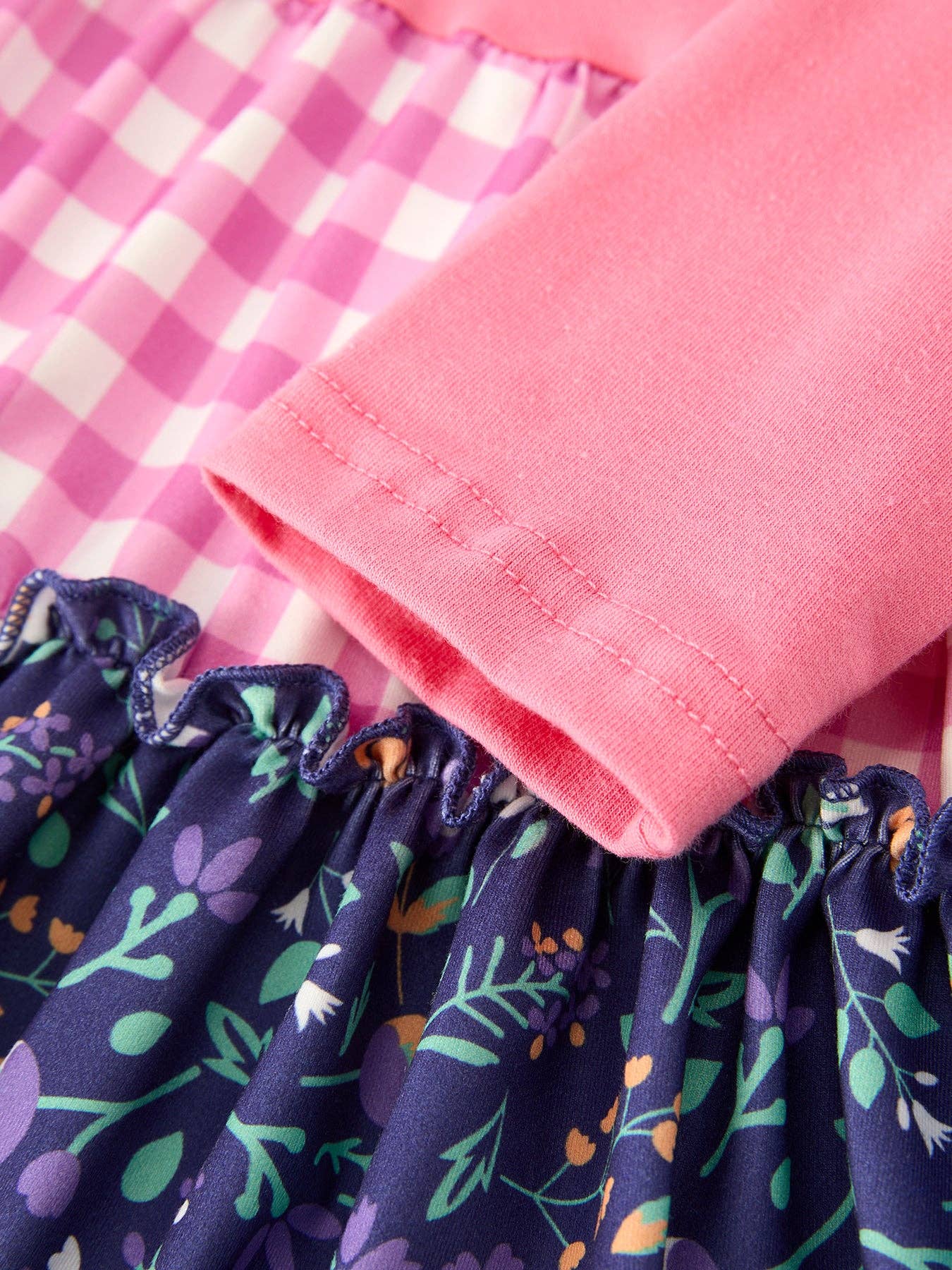 Pink Autumn Patchwork Floral & Plaid Long Sleeve Girls Dress: 3