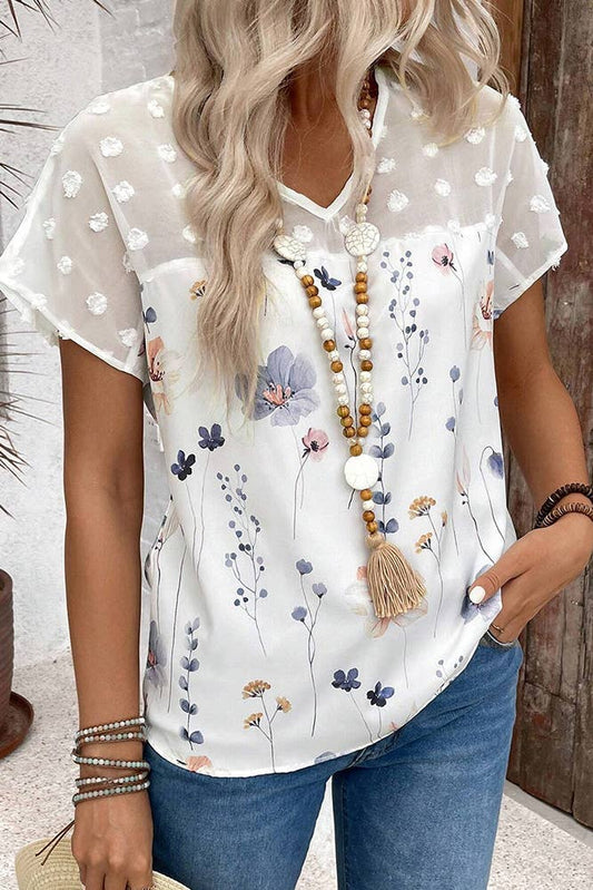 Floral Printed Lace Splicing Short Sleeves Top AXR102: White / S