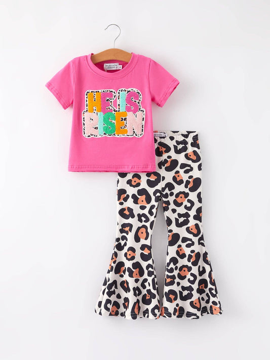 "HE IS RISEN" Applique Leopard Print Girls Set: 10/12
