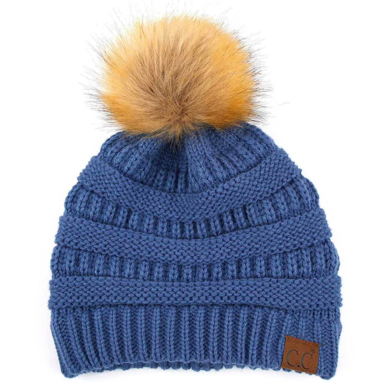 C.C Solid Ribbed Knit Beanie With Pom: Golden Walnut