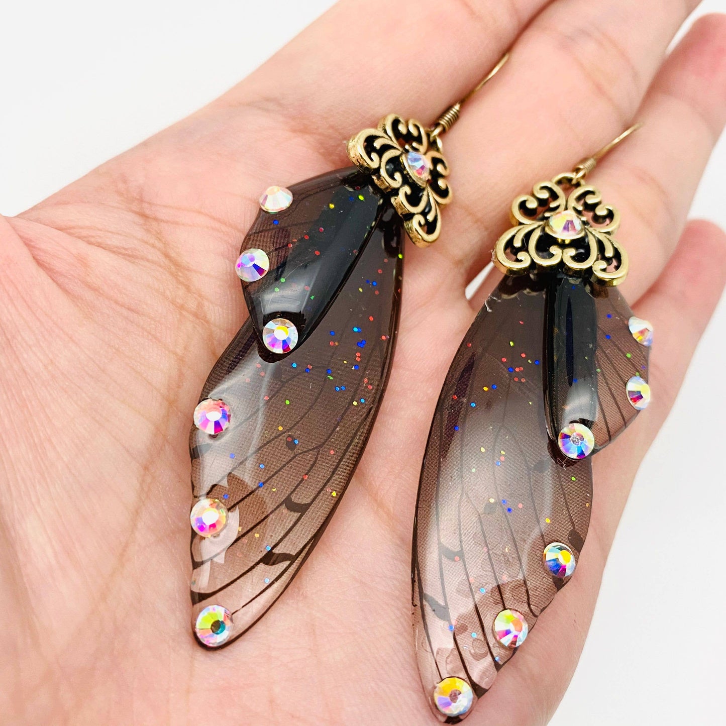 Handmade Fairy Wings Earrings Insect Butterfly Wing: Silver Green Pink