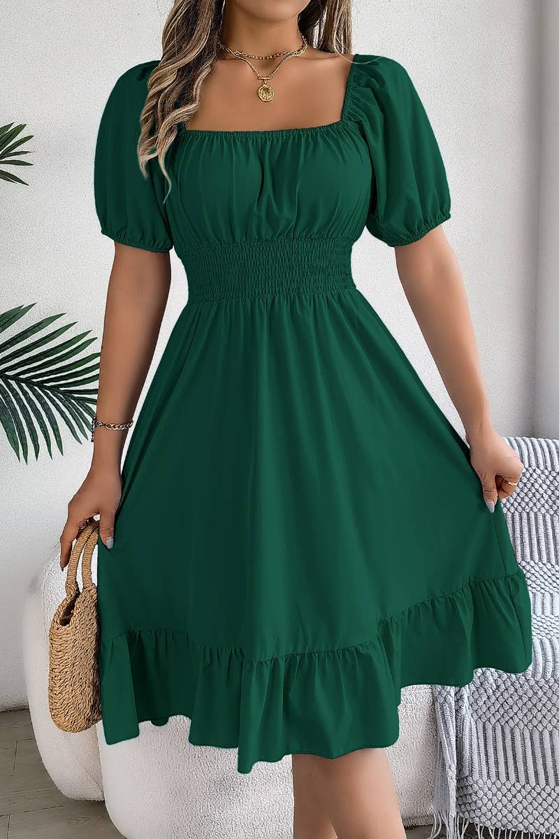 CWDSD4632_SQUARE NECK SHORT SLEEVE WAIST PEPLUM DRESS: KHAKI / (M) 1