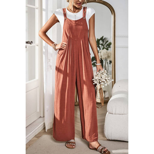 Button Detail Wide Leg Overall Pockets Jumpsuit: Rust / L