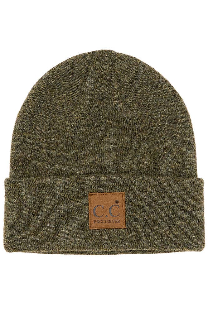 C.C Heather Knit Suede Patch Beanie Winter Hat: Beige