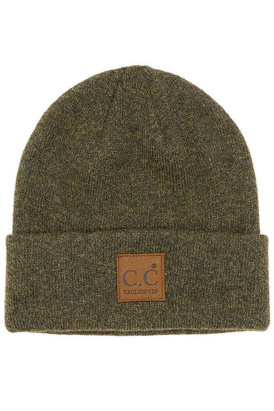 C.C Heather Knit Suede Patch Beanie Winter Hat: Moss