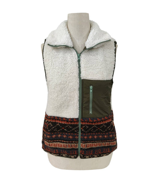 Aztec pattern Western Sherpa Fleece Zip up Vest: Olive / L