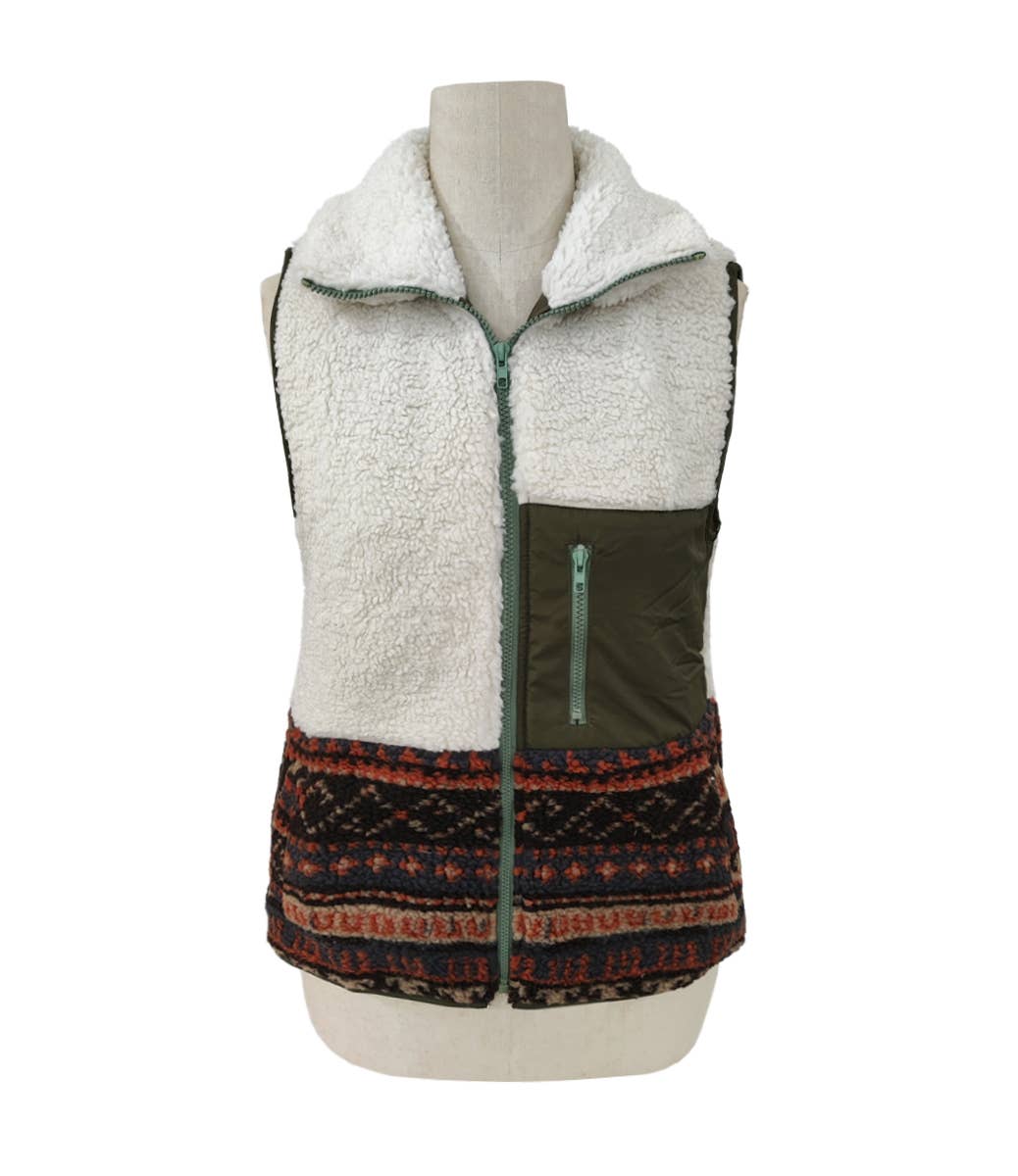 Aztec pattern Western Sherpa Fleece Zip up Vest: Olive / S
