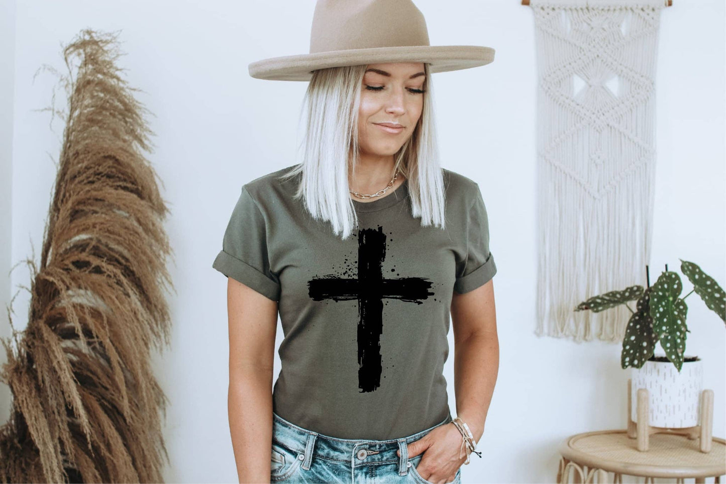 Christian Distressed Cross Olive Bella Everyday Graphic Tee: L