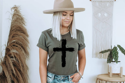 Christian Distressed Cross Olive Bella Everyday Graphic Tee: 2X