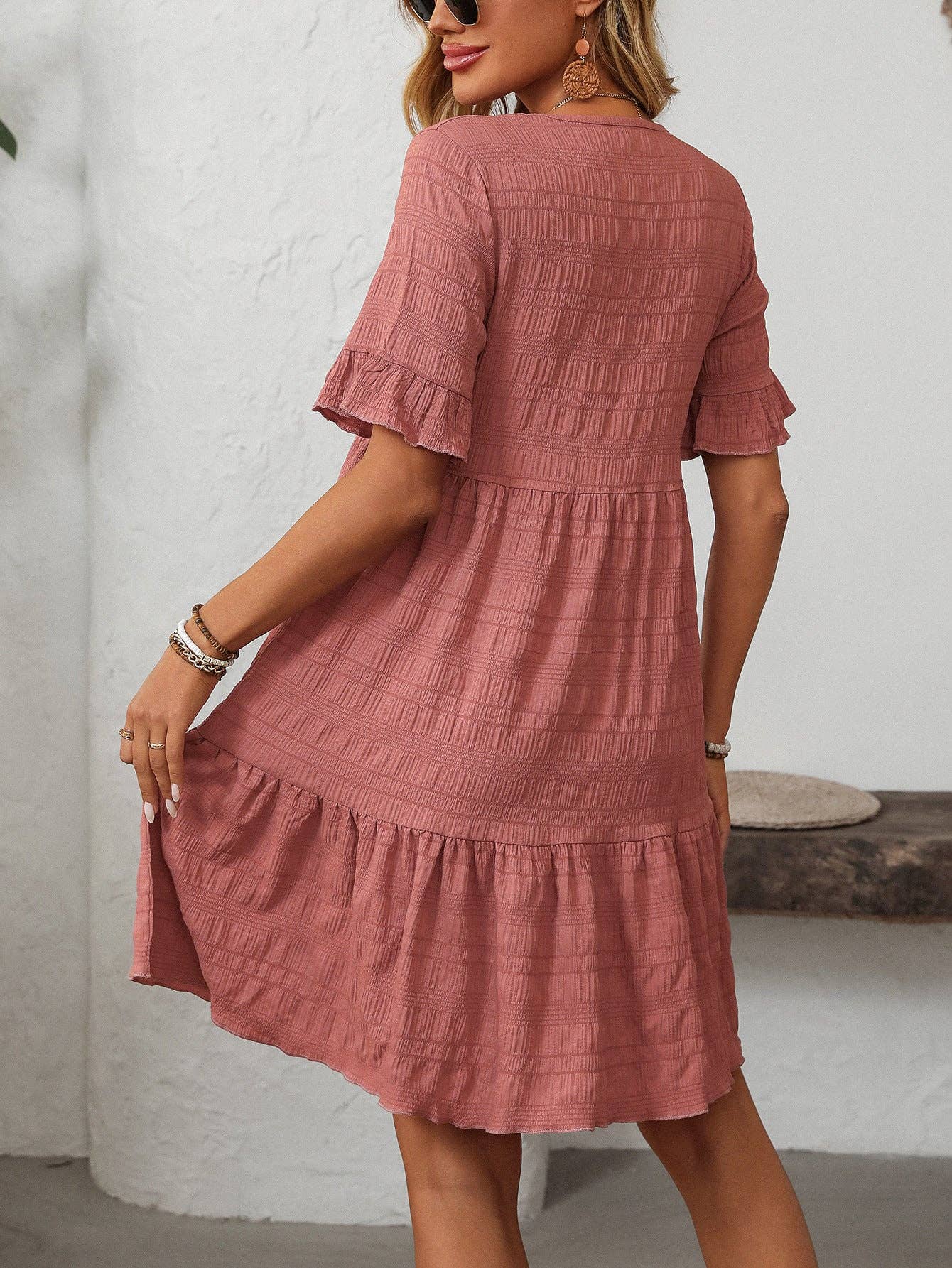Women Ruffle Sleeve A Line Tiered Flowy Casual Trendy Mini Dress: Bean paste powder / 100% Polyester / XL