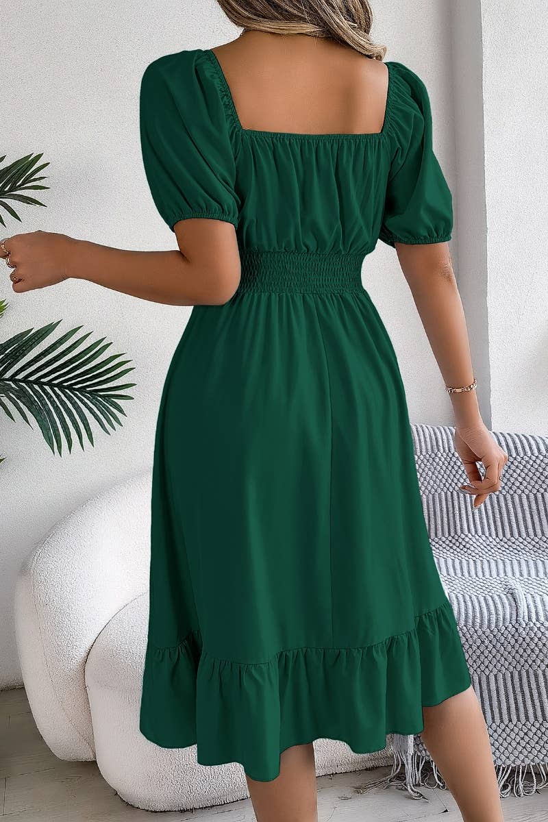 CWDSD4632_SQUARE NECK SHORT SLEEVE WAIST PEPLUM DRESS: KHAKI / (S) 1