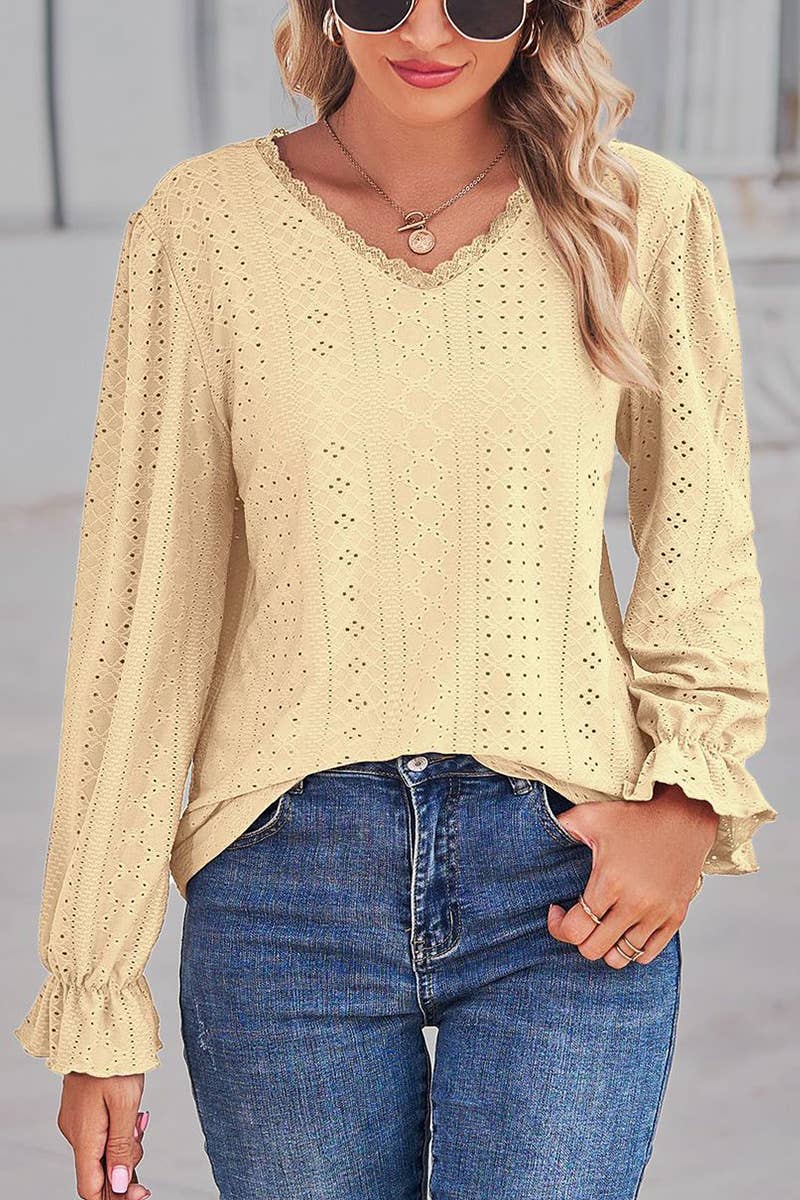 WOMEN LACE TRIM NECK EYELET LONG SLEEVE SHIRT TOP_CWTSTL0301: MAUVE / (S) 1