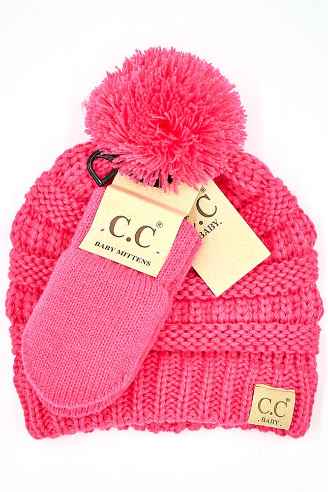 C.C Baby Solid Ribbed Pom Beanie and Mitten Glove: Light Melange Gray