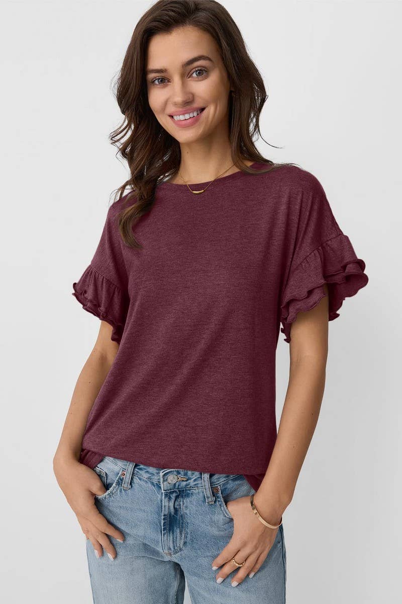CWTBLS1620_SOLID COLOR ROUND NECK RUFFLE SLEEVE TOP: PEAGREEN / (M) 1