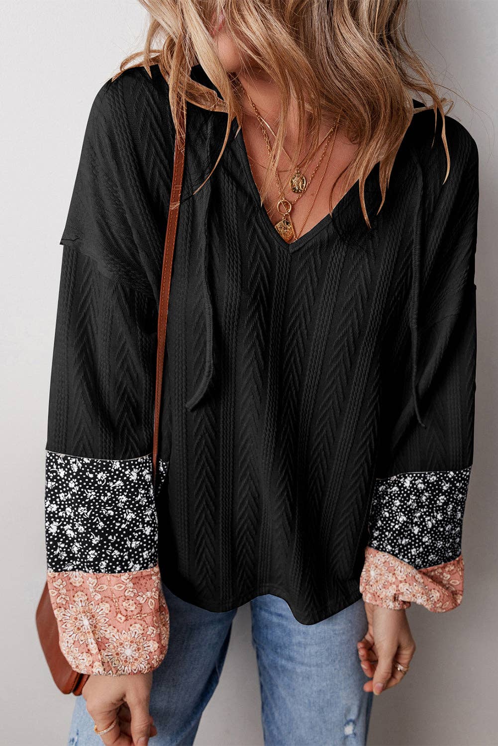 Floral Patchwork Textured Knit Drawstring V Neck Blouse: Dusty Pink / 97%Polyester+3%Elastane / S