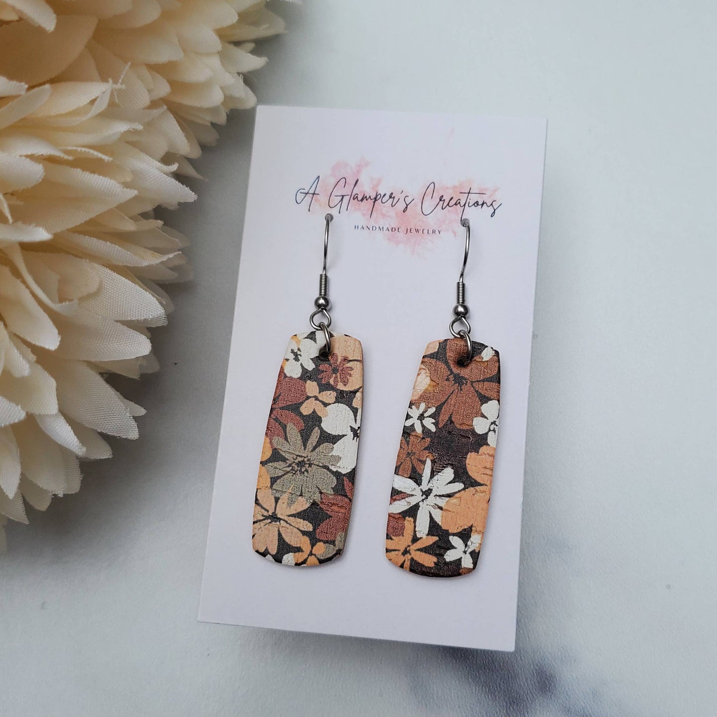 Fall Retro Brown Floral Mini Bar Leather Earrings