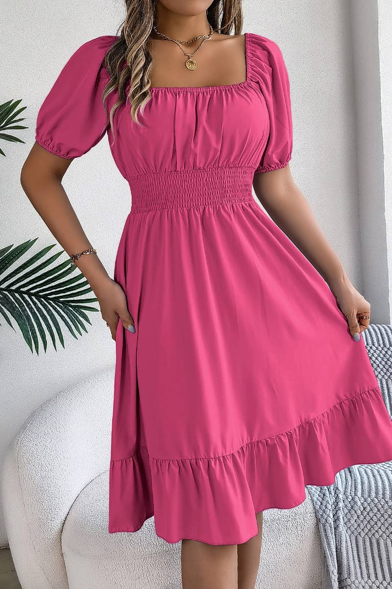 CWDSD4632_SQUARE NECK SHORT SLEEVE WAIST PEPLUM DRESS: KHAKI / (L) 1