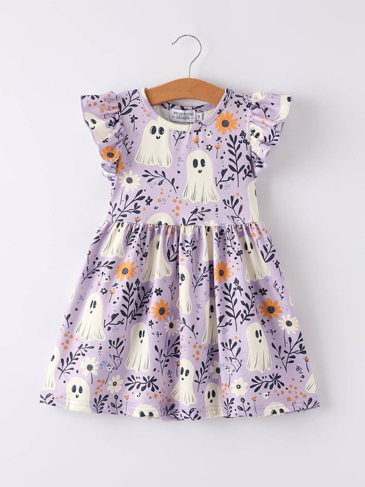 Halloween Purple Ghost Flying Sleeve Dress: 8/9