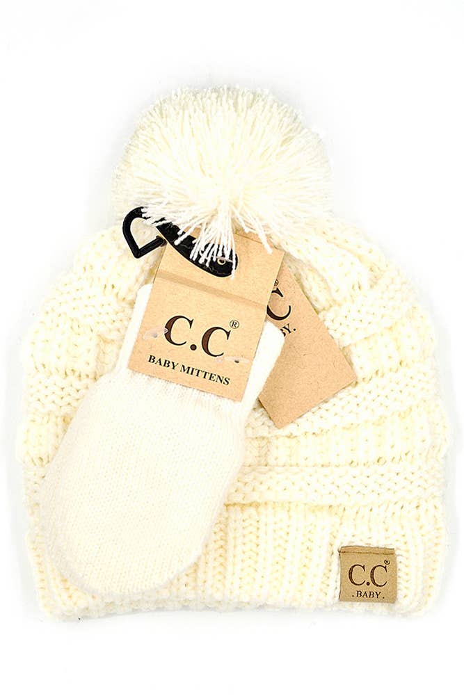 C.C Baby Solid Ribbed Pom Beanie and Mitten Glove: Light Melange Gray